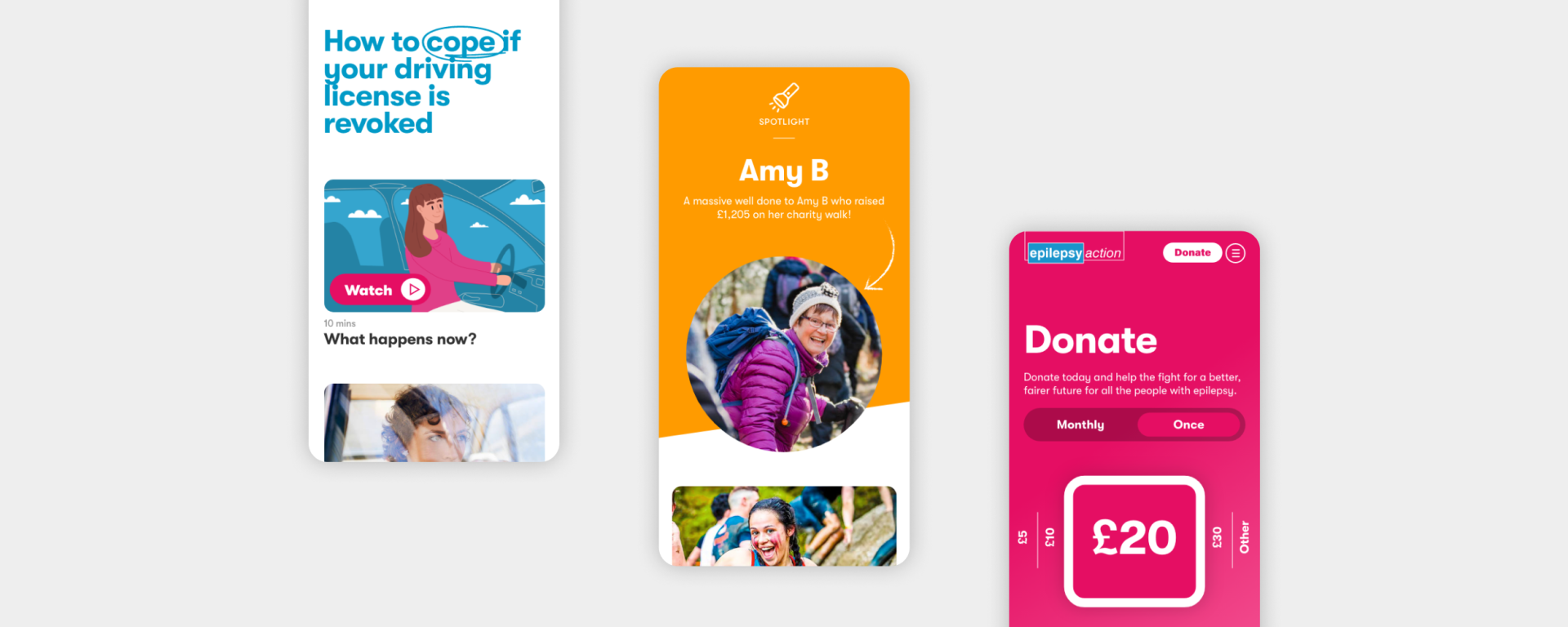 Epilepsy Action mobile website screens