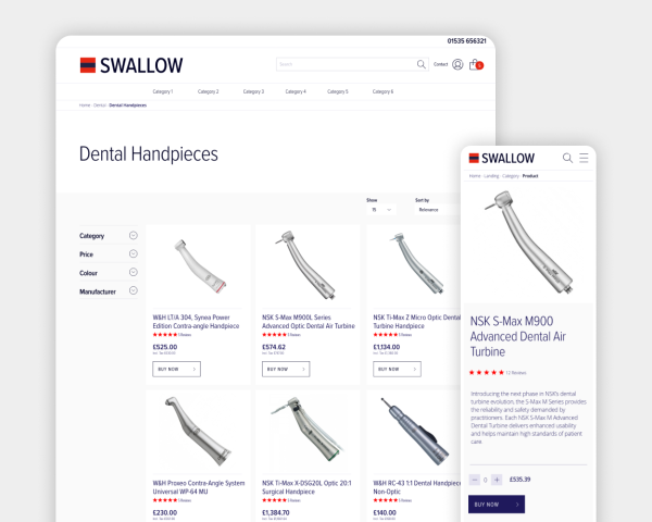 Swallow Dental Dental Handpieces Product Page on Desktop and Mobile