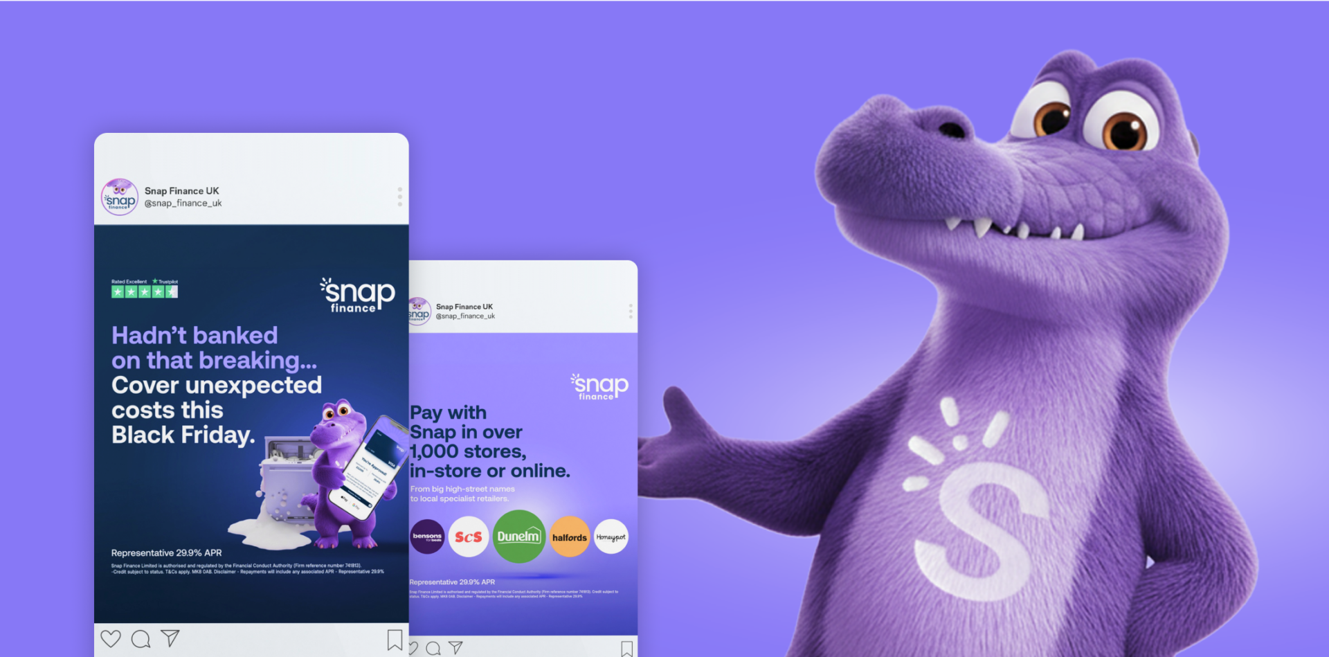 Snap the Crocodile showcasing screenshots from Snap Finance social media