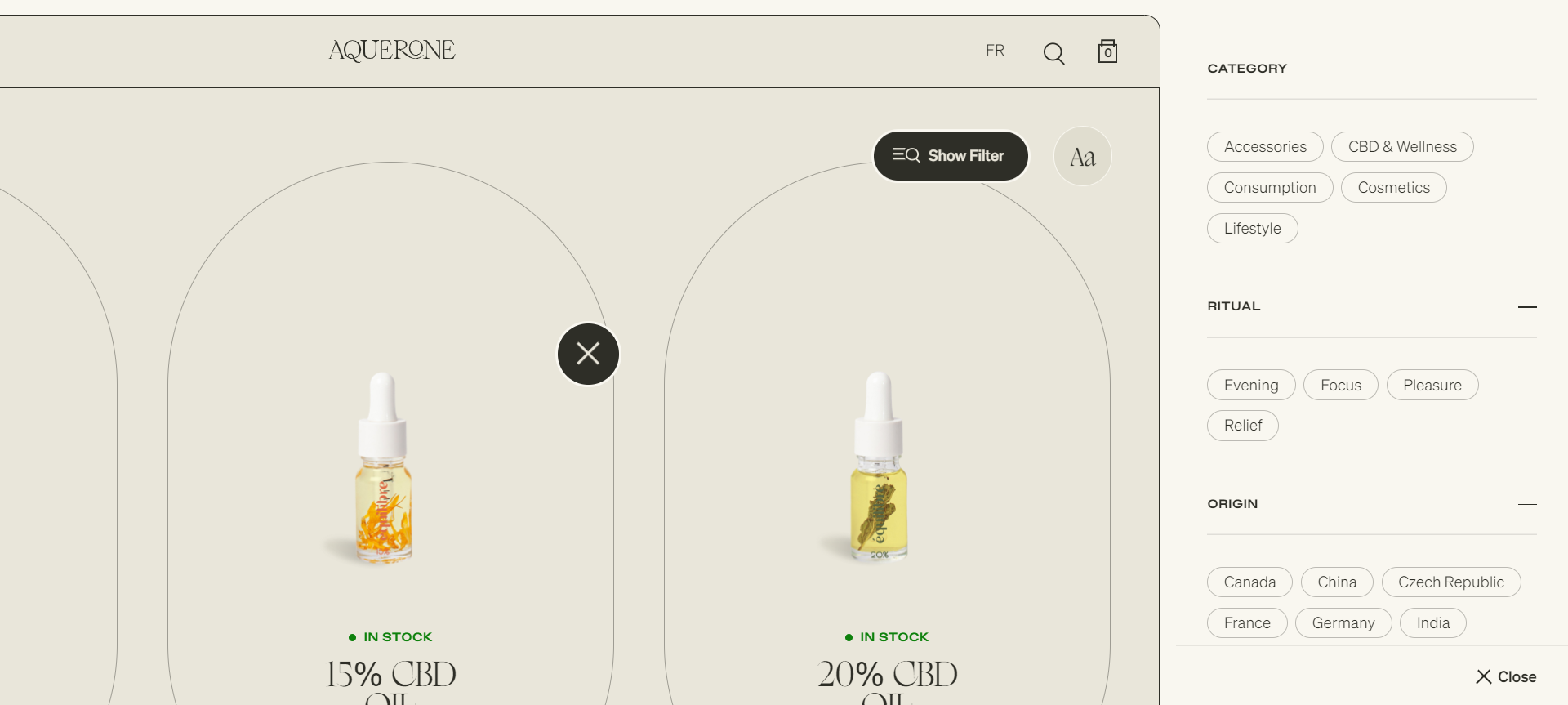 An ecommerce site selling medicated oils with a filtered search system