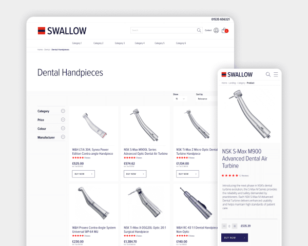 Swallow Dental Dental Handpieces Product Page on Desktop and Mobile