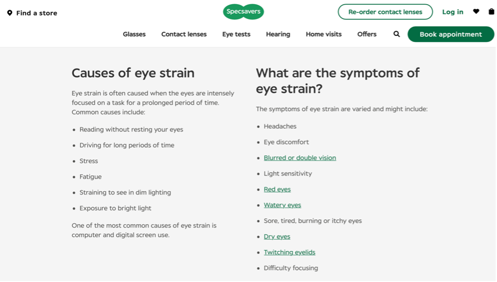 Screenshot of Specsavers website