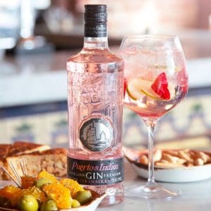 IMage of a bottle and glass of Puerto de Indias pink gin.