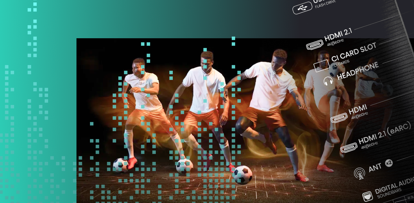 Hisense TV screen showing men playing football